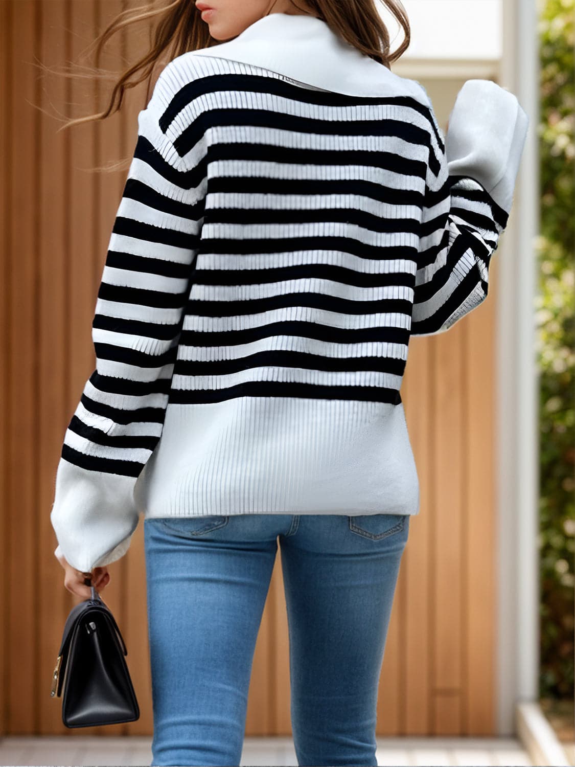 Striped Collared Neck Long Sleeve Sweater.