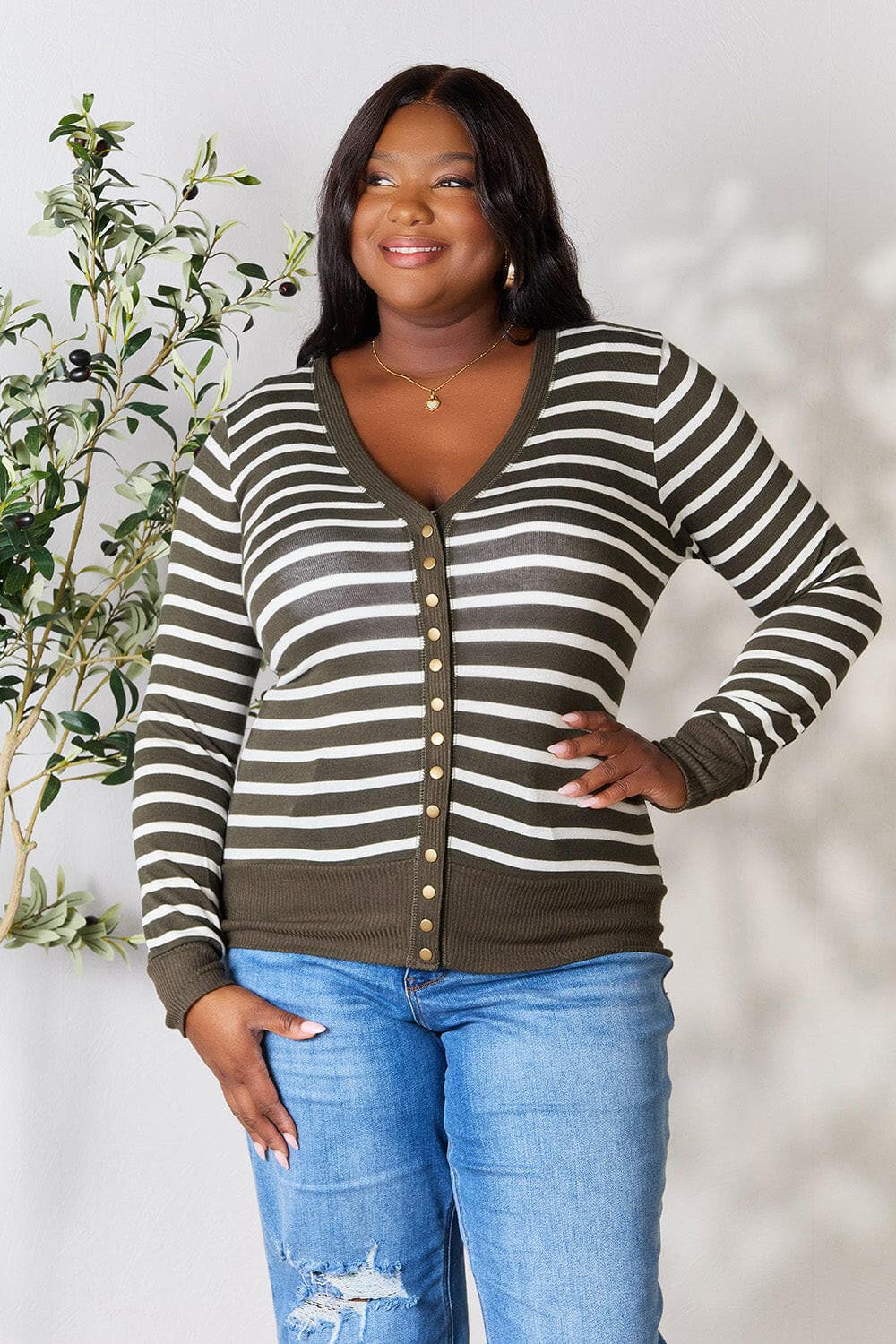 Zenana Full Size Striped Snap Down Cardigan.