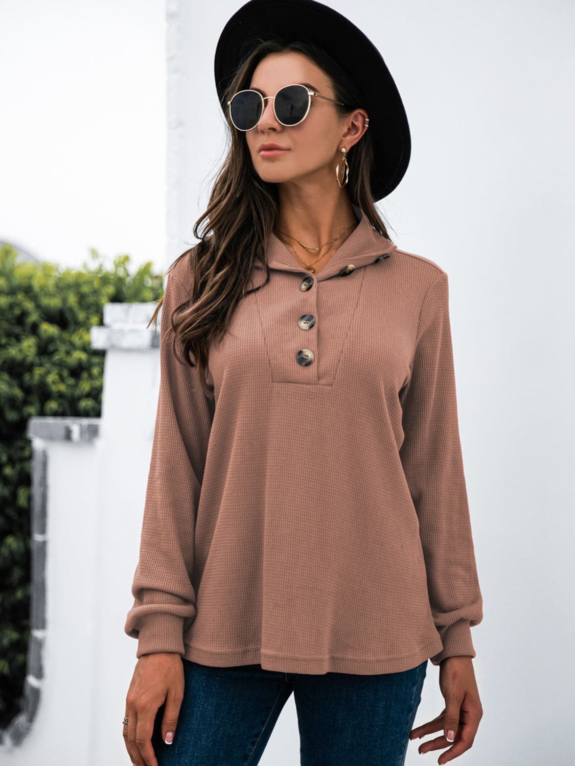 Chic half button long sleeve top