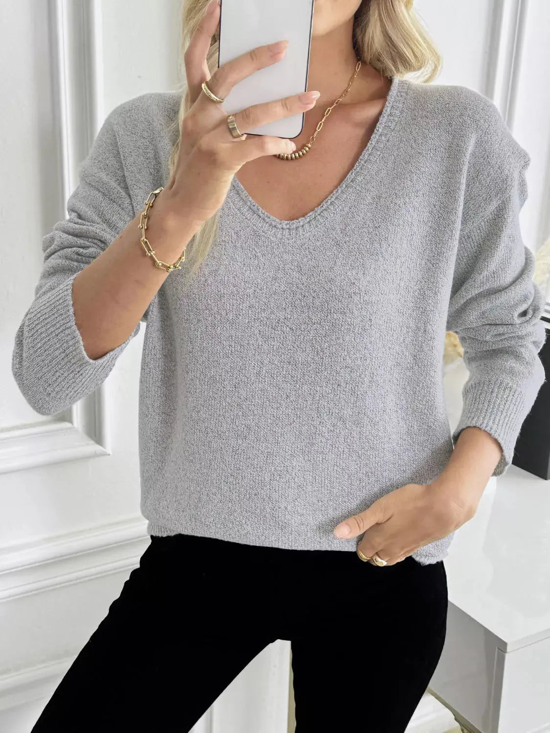 V-Neck Long Sleeve Knit Top Simply Love