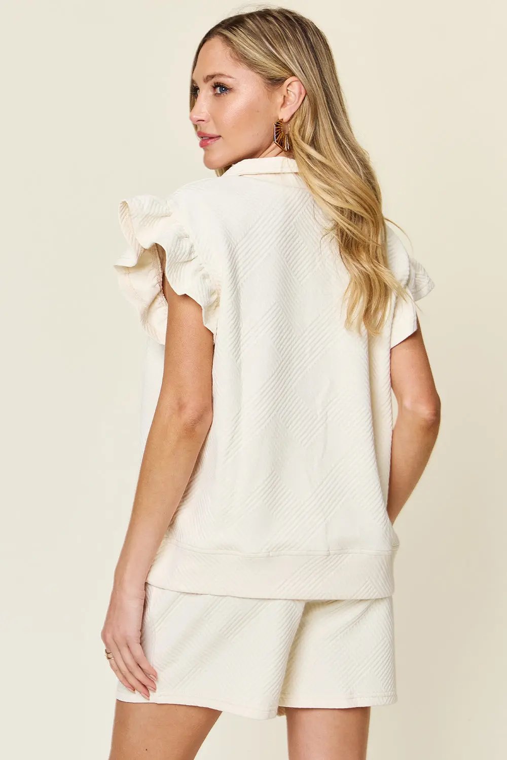 Double Take Full Size Texture Flounce Sleeve Top and Drawstring Shorts Set - Love Salve