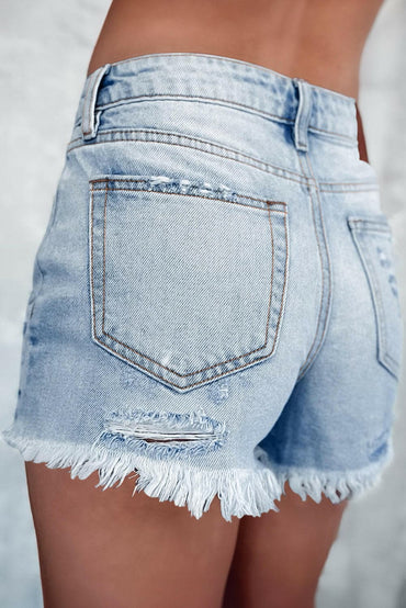 Distressed Raw Hem Denim Shorts.