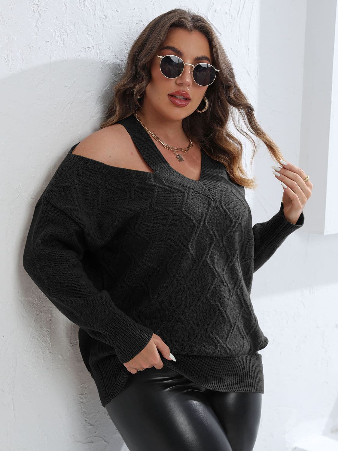 Plus Size Cutout V-Neck Sweater.