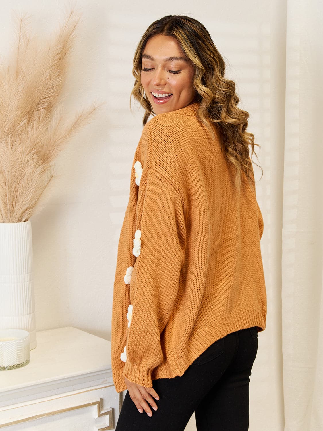 Flower Dropped Shoulder Open Front Cardigan.