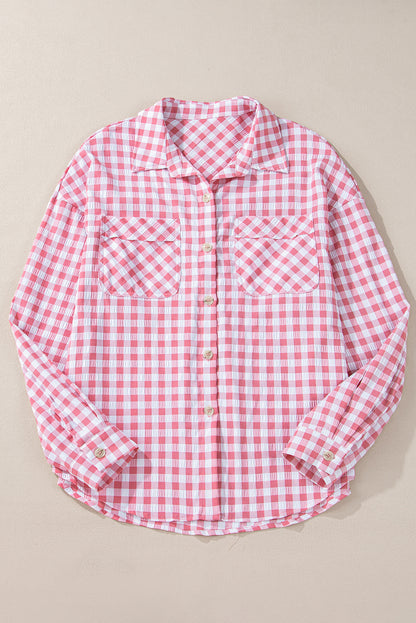 Chic pink gingham collared shirt with functional chest pockets