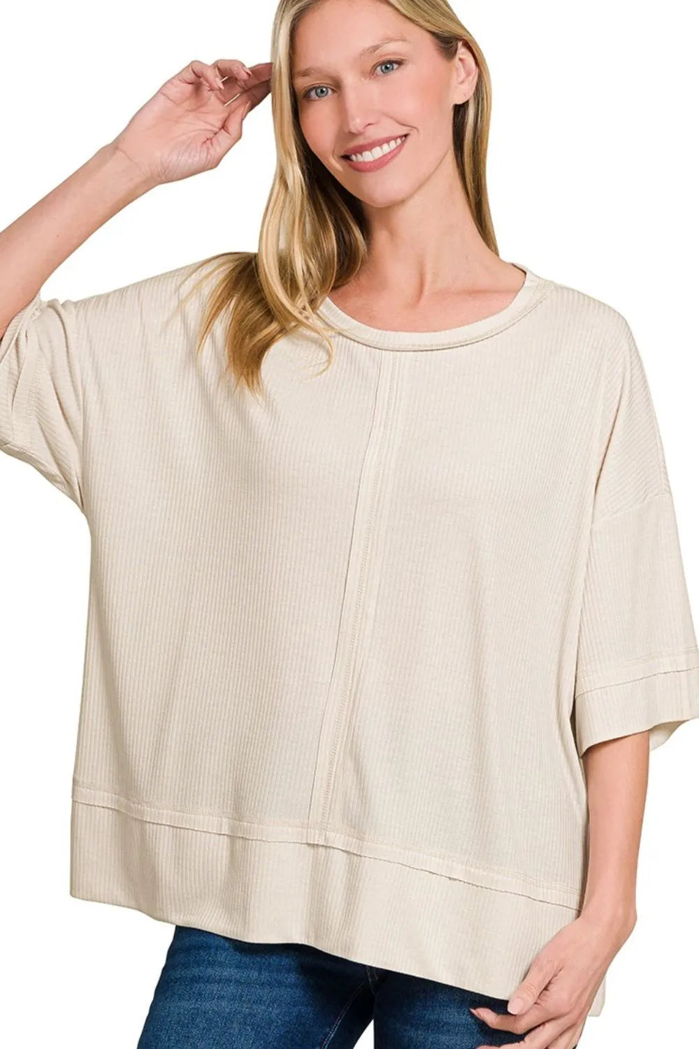 Zenana Ribbed Boat Neck 3/4 Sleeve Top - Love Salve 