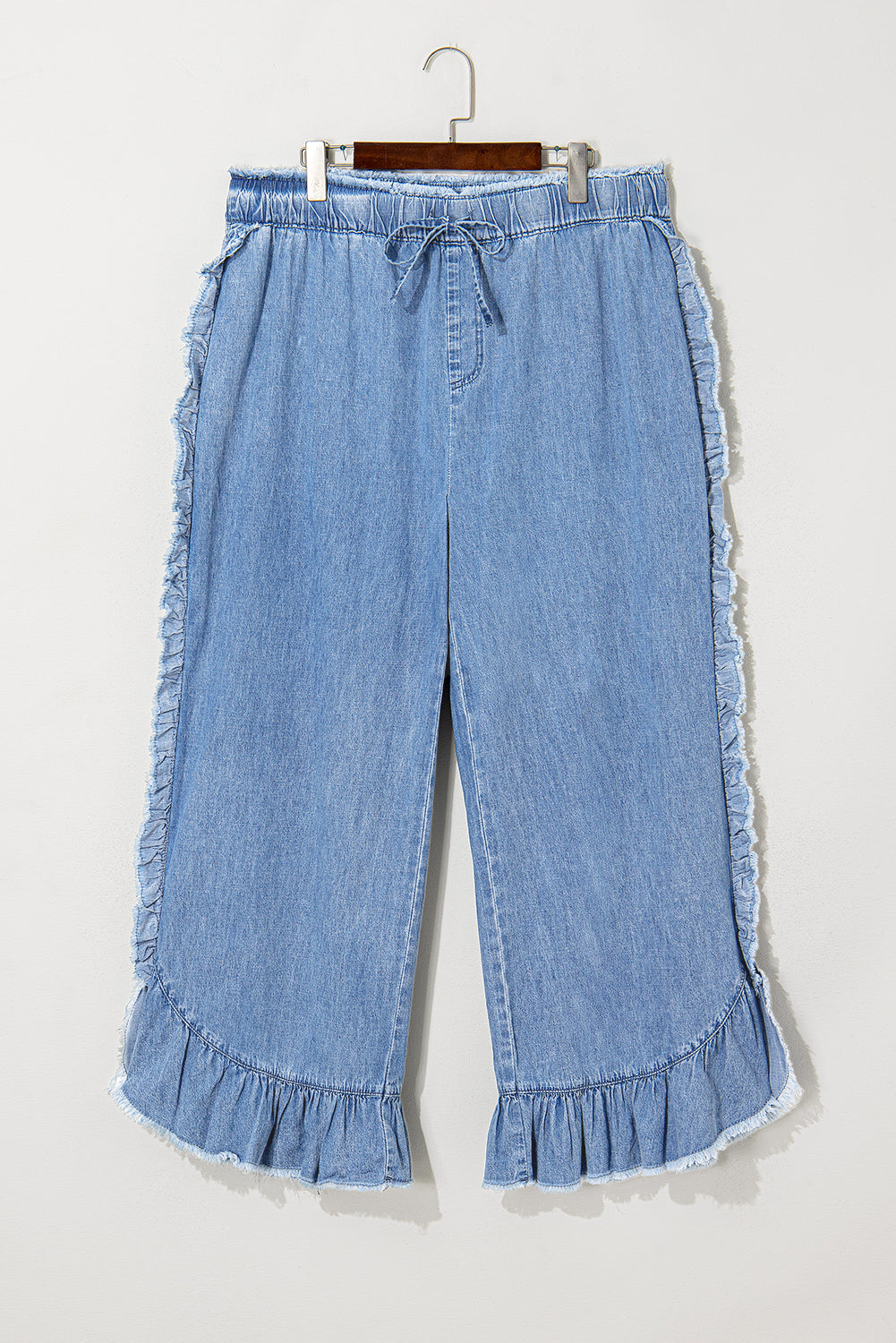 Plus Size Ruffled Ankle Jeans with Lace-Up Waist in Blue