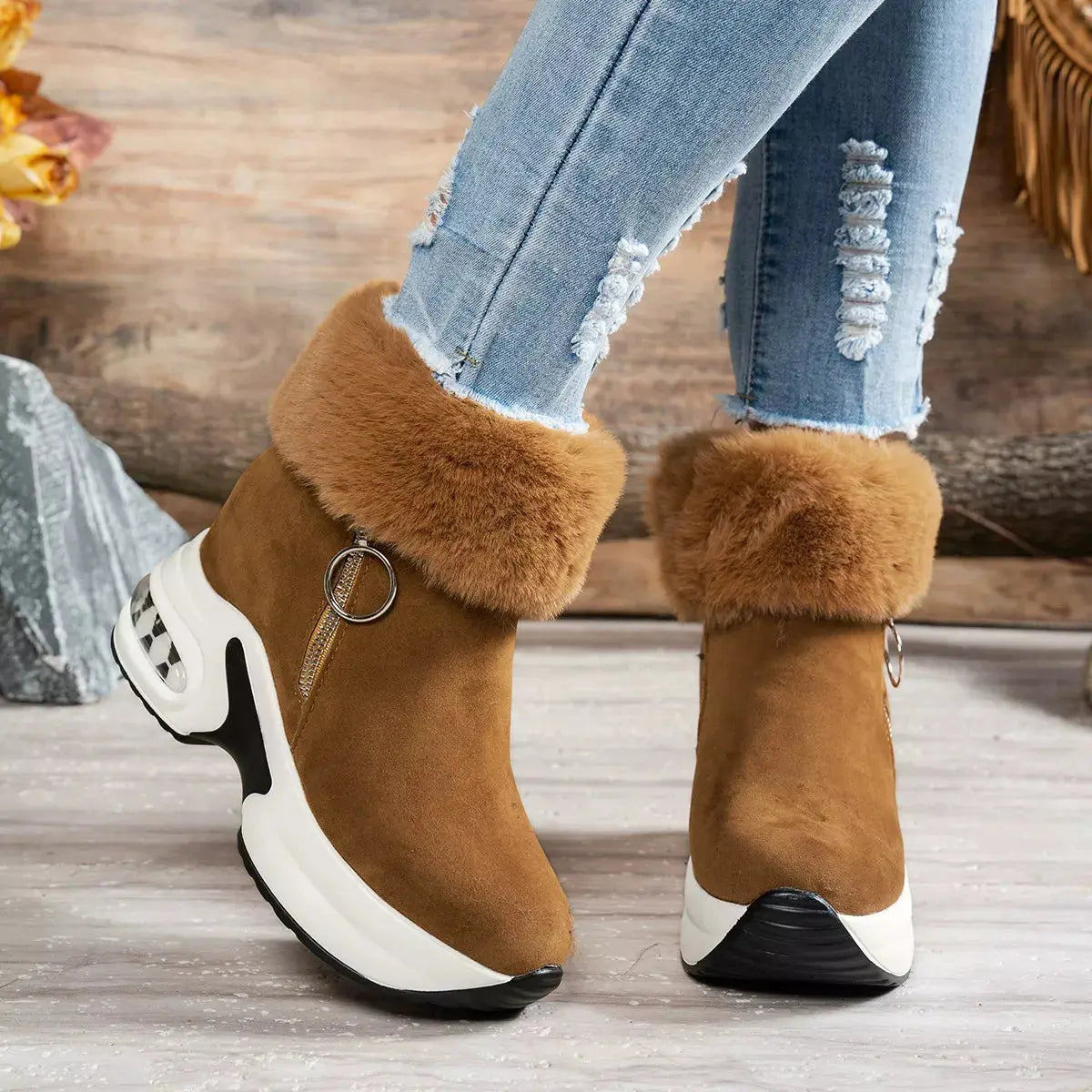Fuzzy Side Zipper Platform Ankle Boots Simply Love