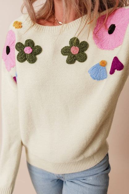 Crochet Flower Round Neck Dropped Shoulder Sweater.