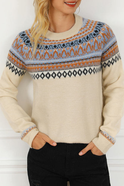 Geometric Round Neck Long Sleeve Sweater.