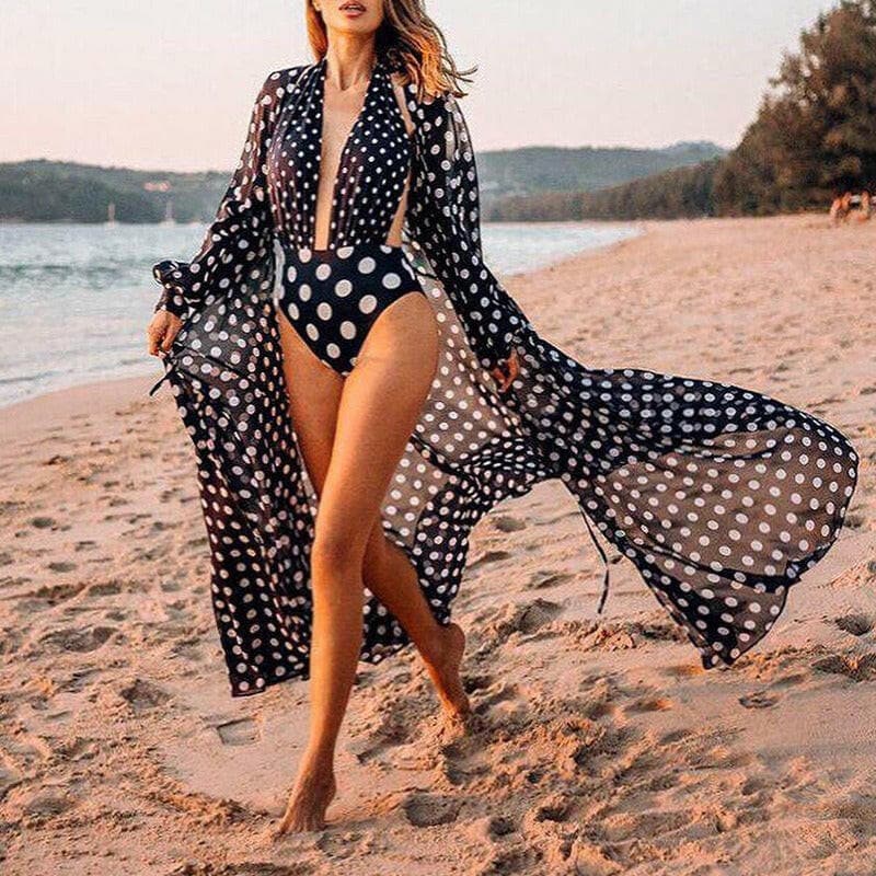 Loose chiffon polka dot cardigan beach cover-up holiday bikini top sun protection top for women.