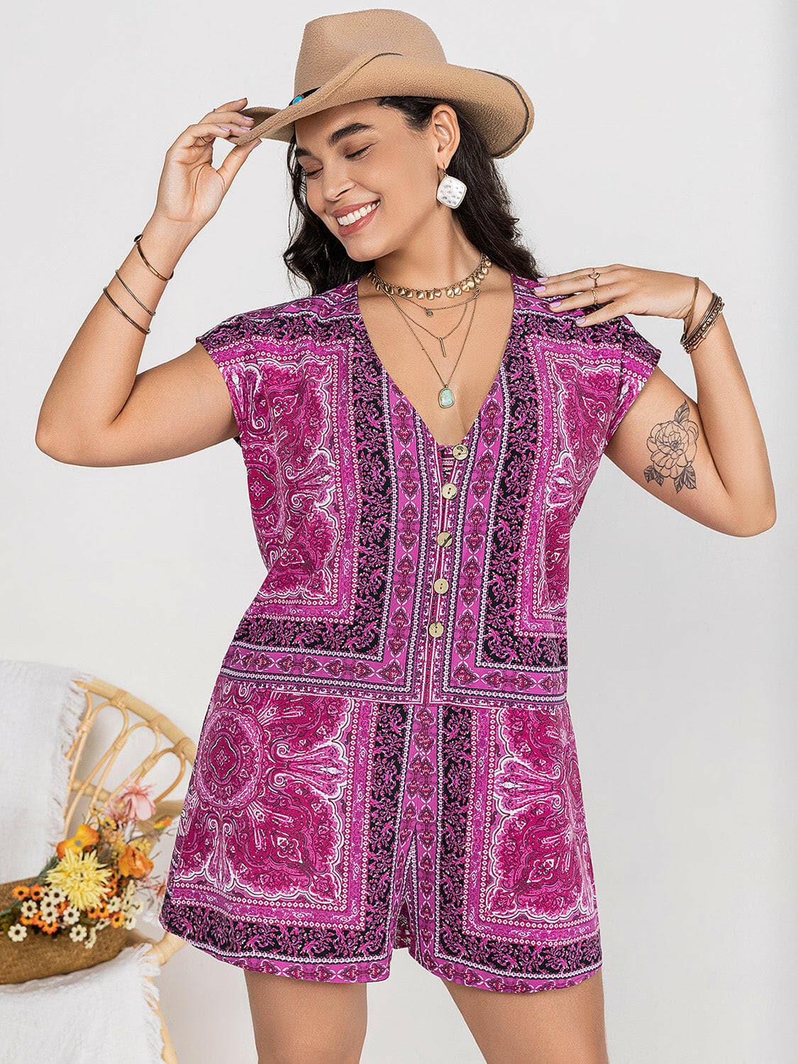 Plus Size Printed V-Neck Cap Sleeve Romper.