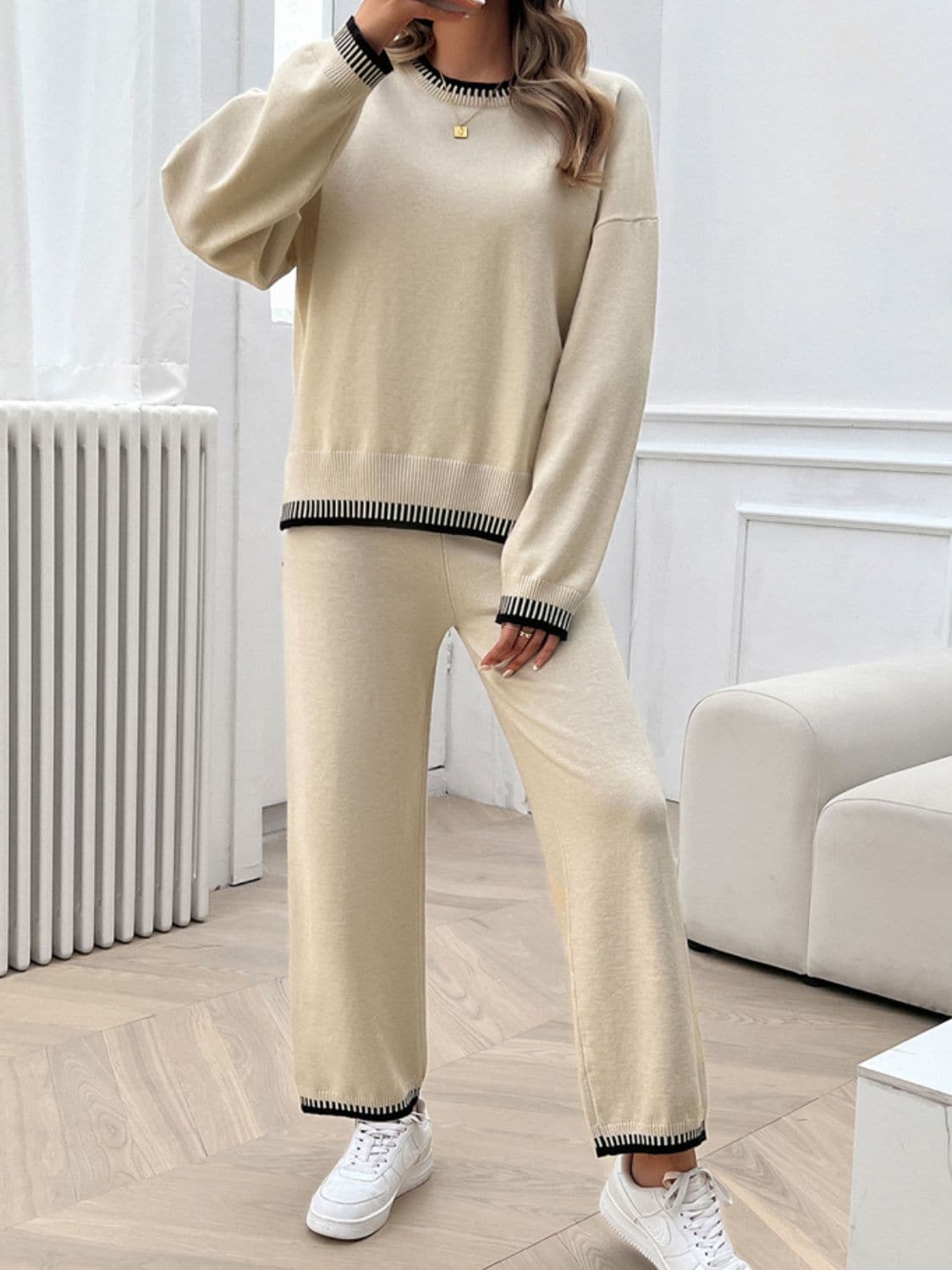 Round Neck Dropped Shoulder Top and Pants Sweater Set.