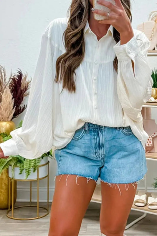 White Crinkled Texture Lantern Sleeve Button Down Loose Shirt Dear-Lover Dropshipping