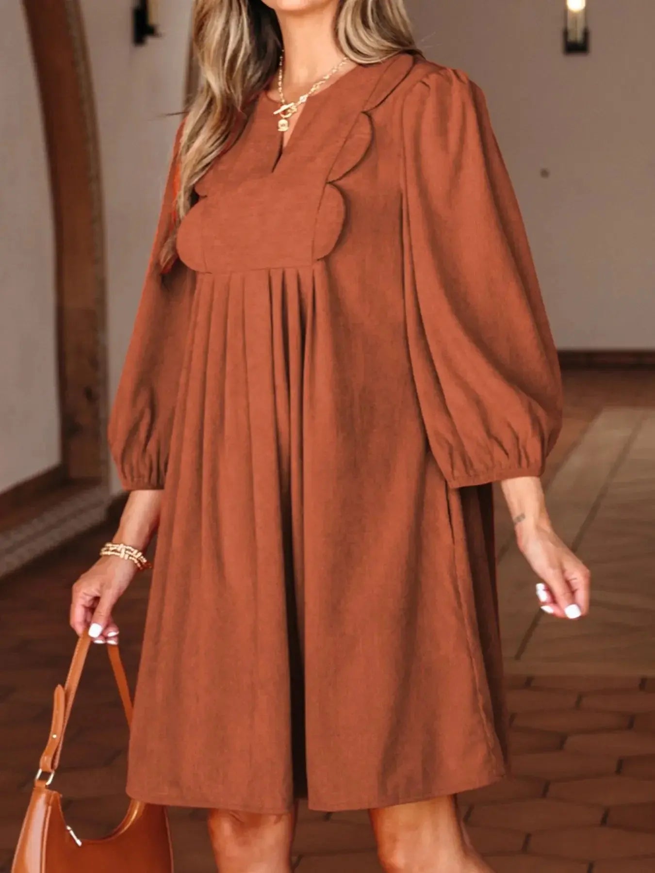 Split Neck Scallop Detail Corduroy Mini Dress Simply Love