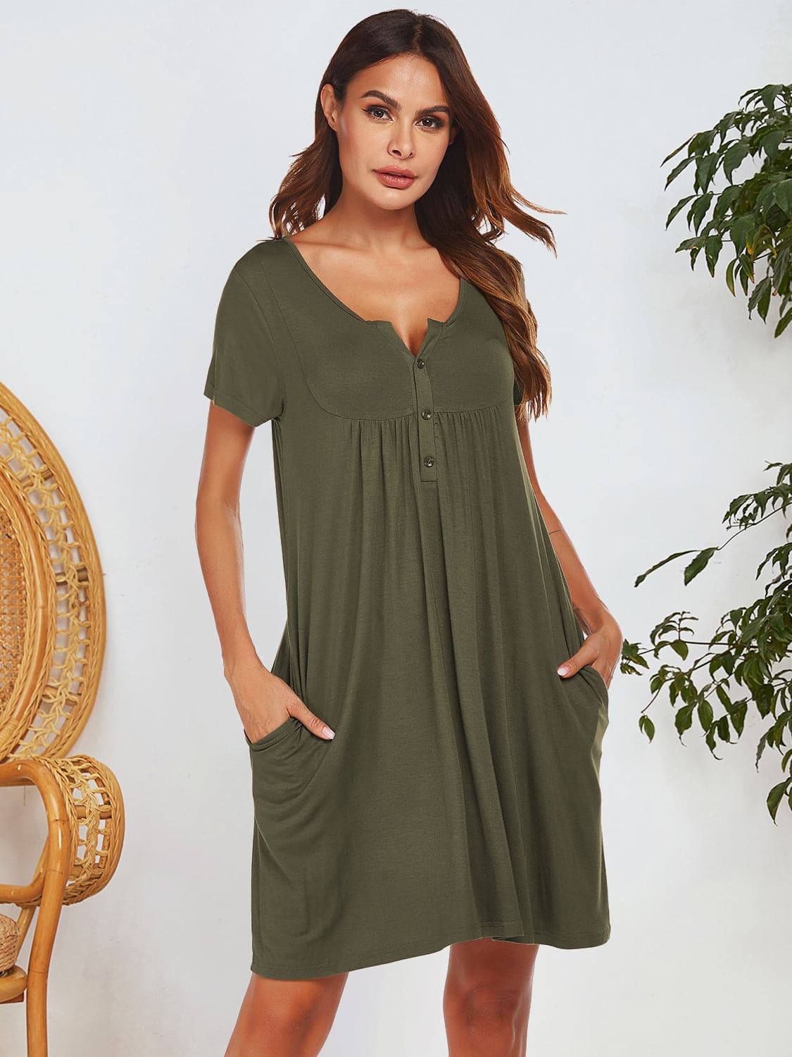 Notched Short Sleeve Mini Lounge Dress.