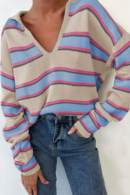 Apricot Striped V-Neck Collared Oversized Sweater with Drop Shoulders