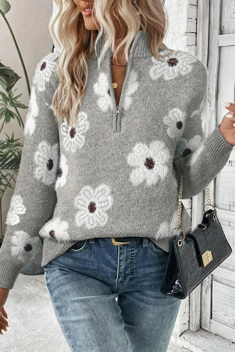 Flower Half Zip Long Sleeve SweaterFeatures: Basic style
Stretch: Slightly stretchy
Material composition: 42% acrylic, 30% polyester, 28% polyamide
Care instructions: Machine wash cold. Tumble dry lowLove Salve Flower Half Zip Long Sleeve Sweaterknit tops