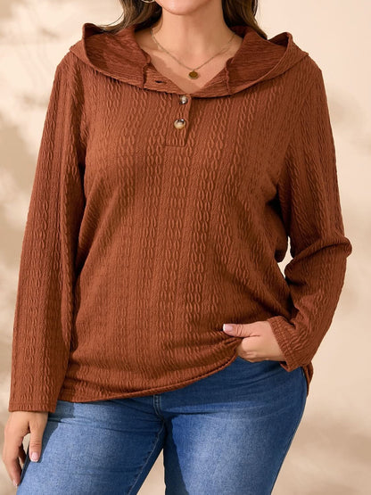 Plus Size Button Detail Long Sleeve Hoodie