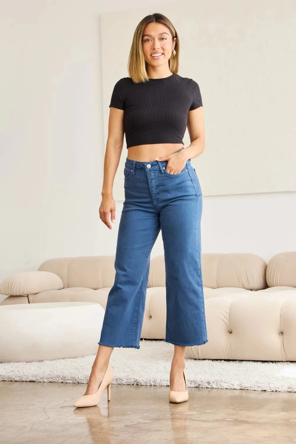 RFM Crop Chloe Full Size Tummy Control High Waist Raw Hem Jeans Coco’s Tee Boutique