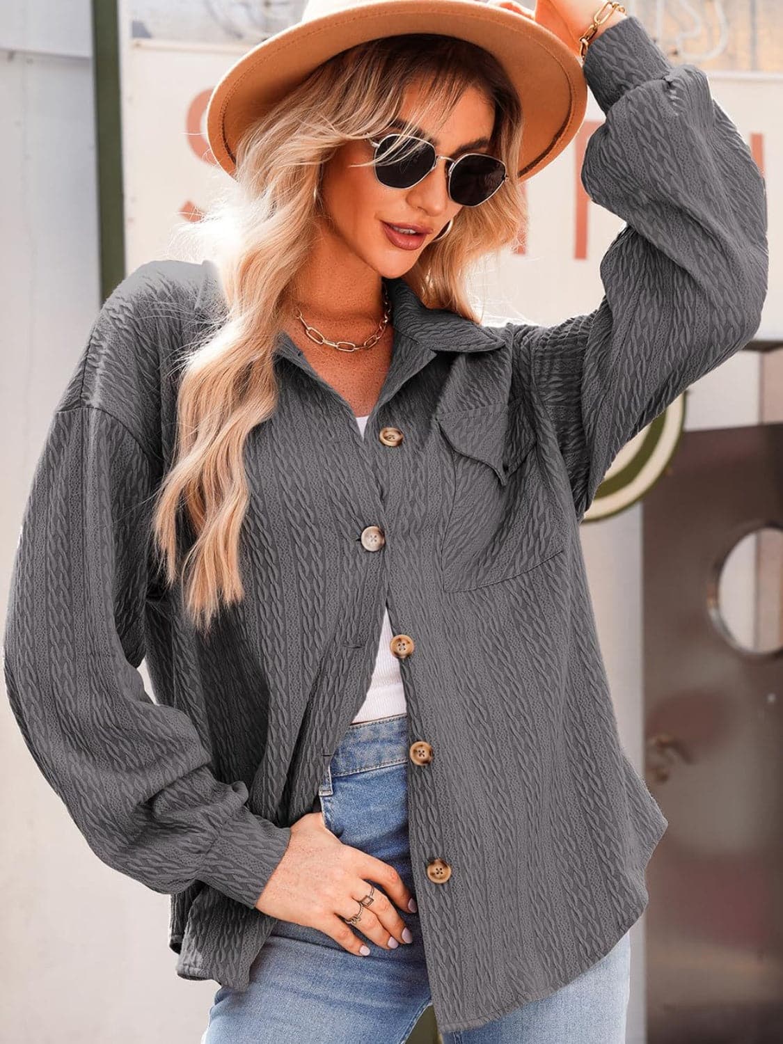 Stylish textured long sleeve button-up shacket