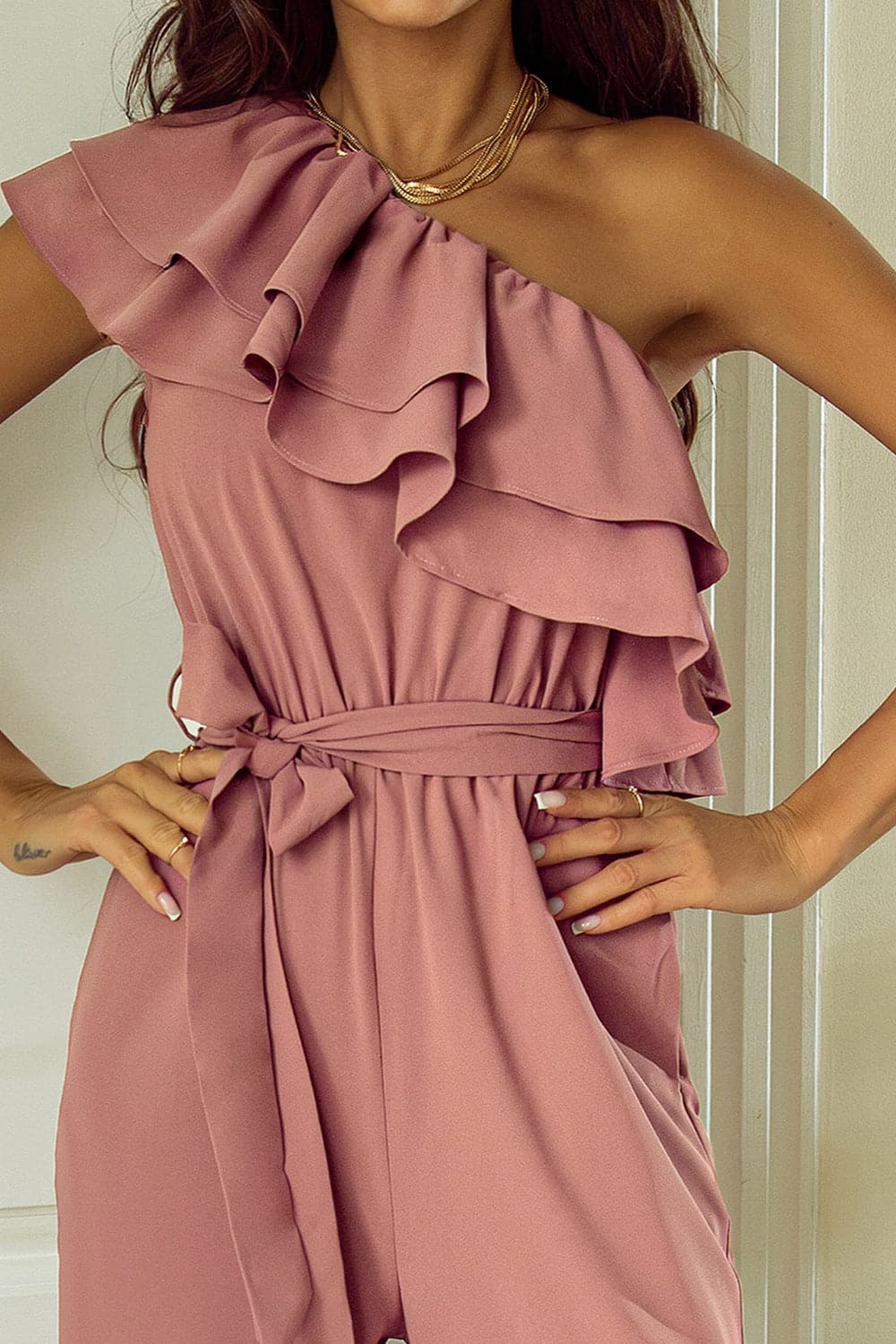 Ruffled Tied One-Shoulder Jumpsuit.