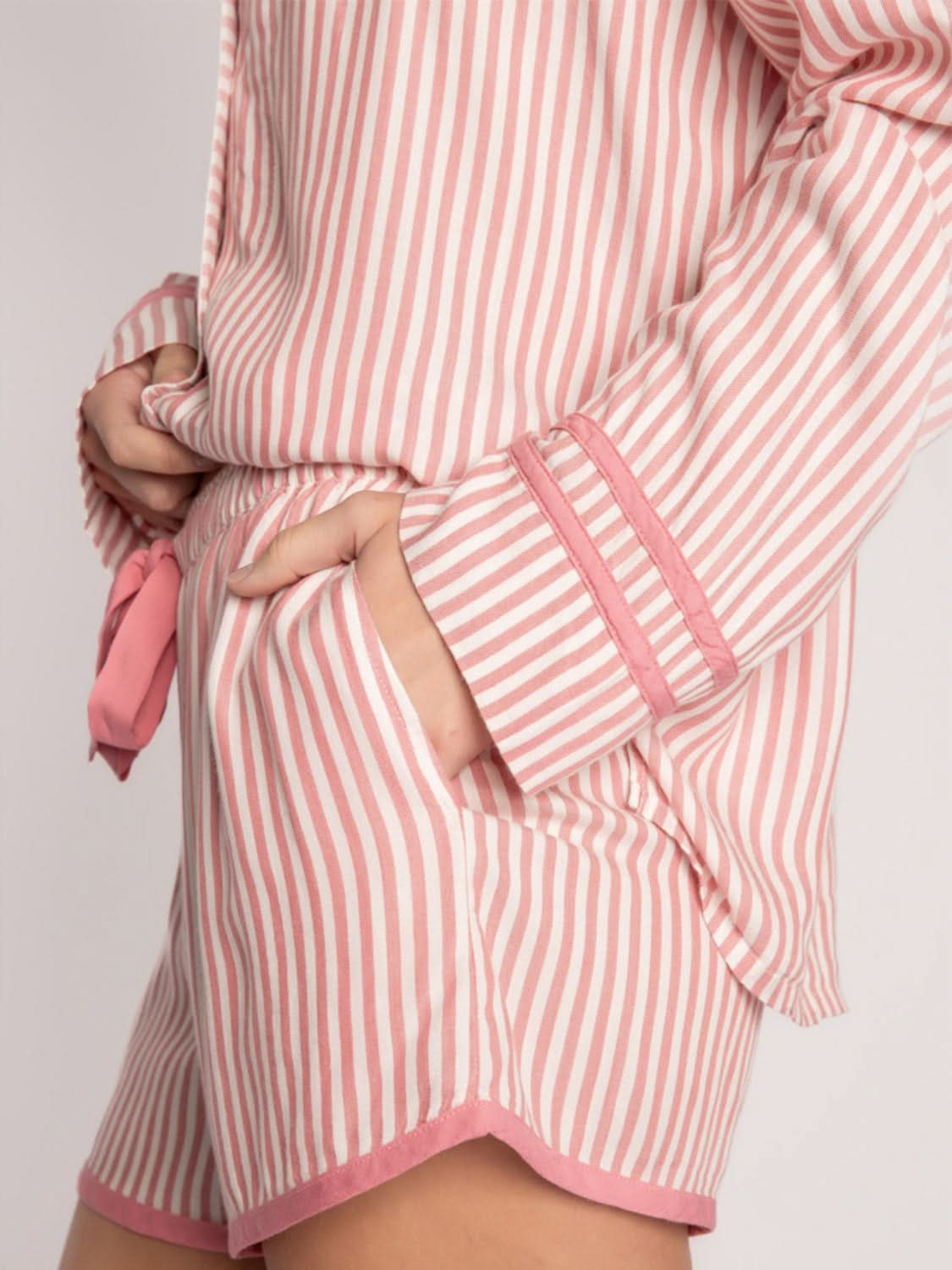 Button-Up Striped Long Sleeve Lounge Set with Collared Top and Shorts