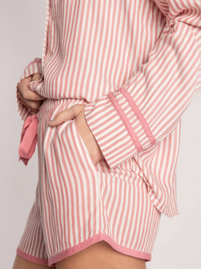 Button-Up Striped Long Sleeve Lounge Set with Collared Top and Shorts