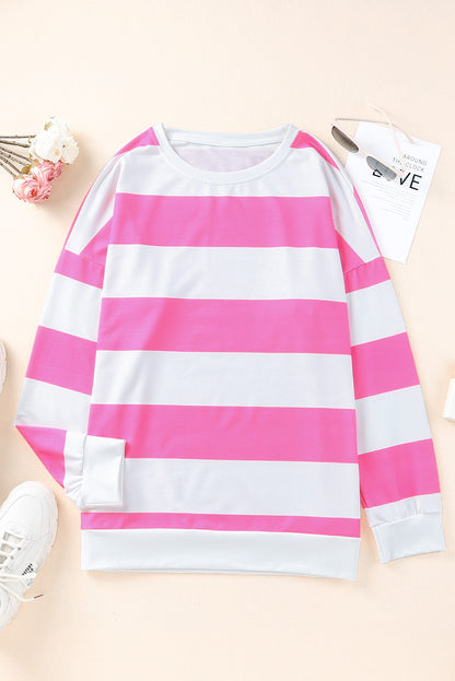 Chic pink striped plus size sweatshirt with stylish side slits