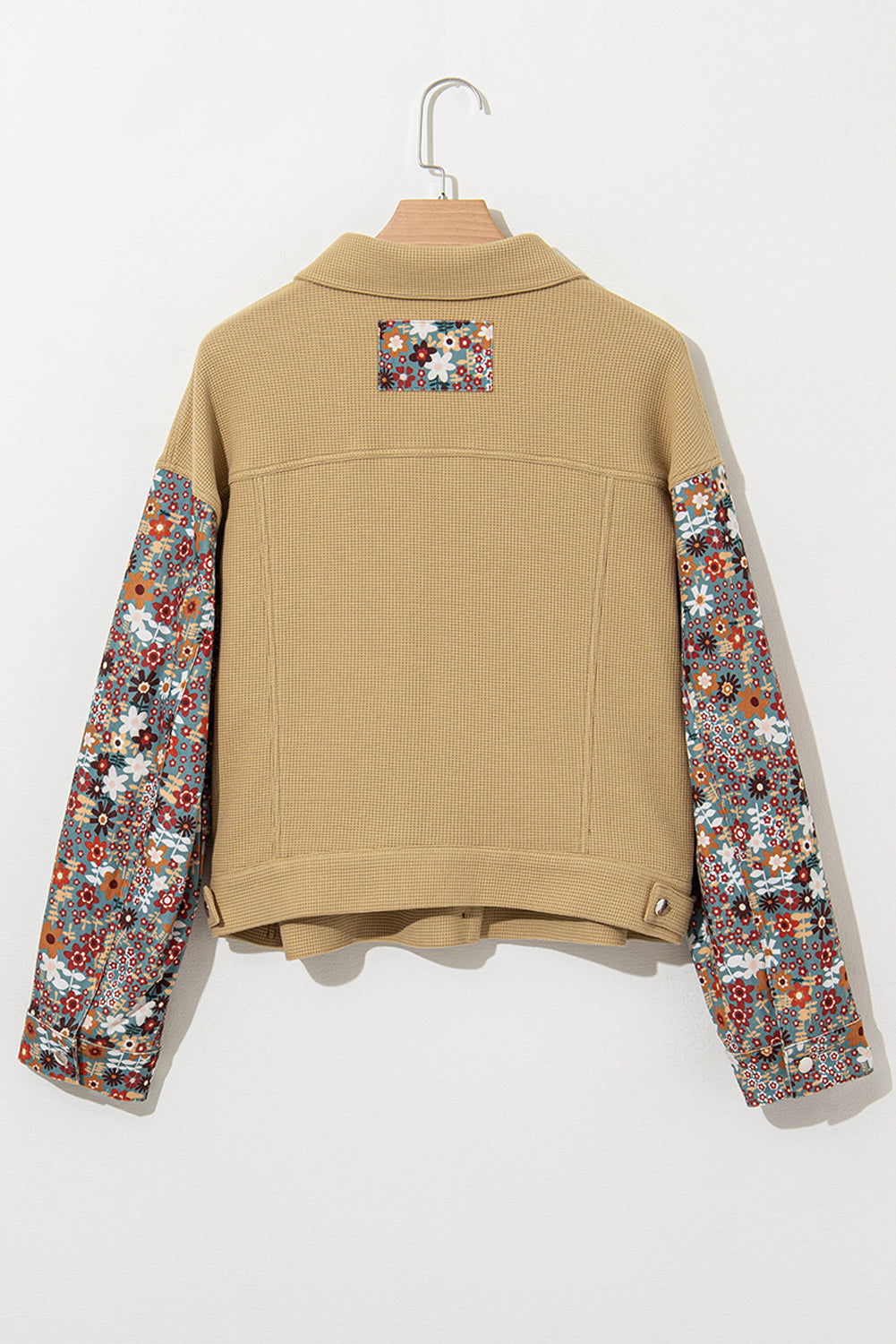 Khaki floral patchwork button-up jacket in cozy waffle knit