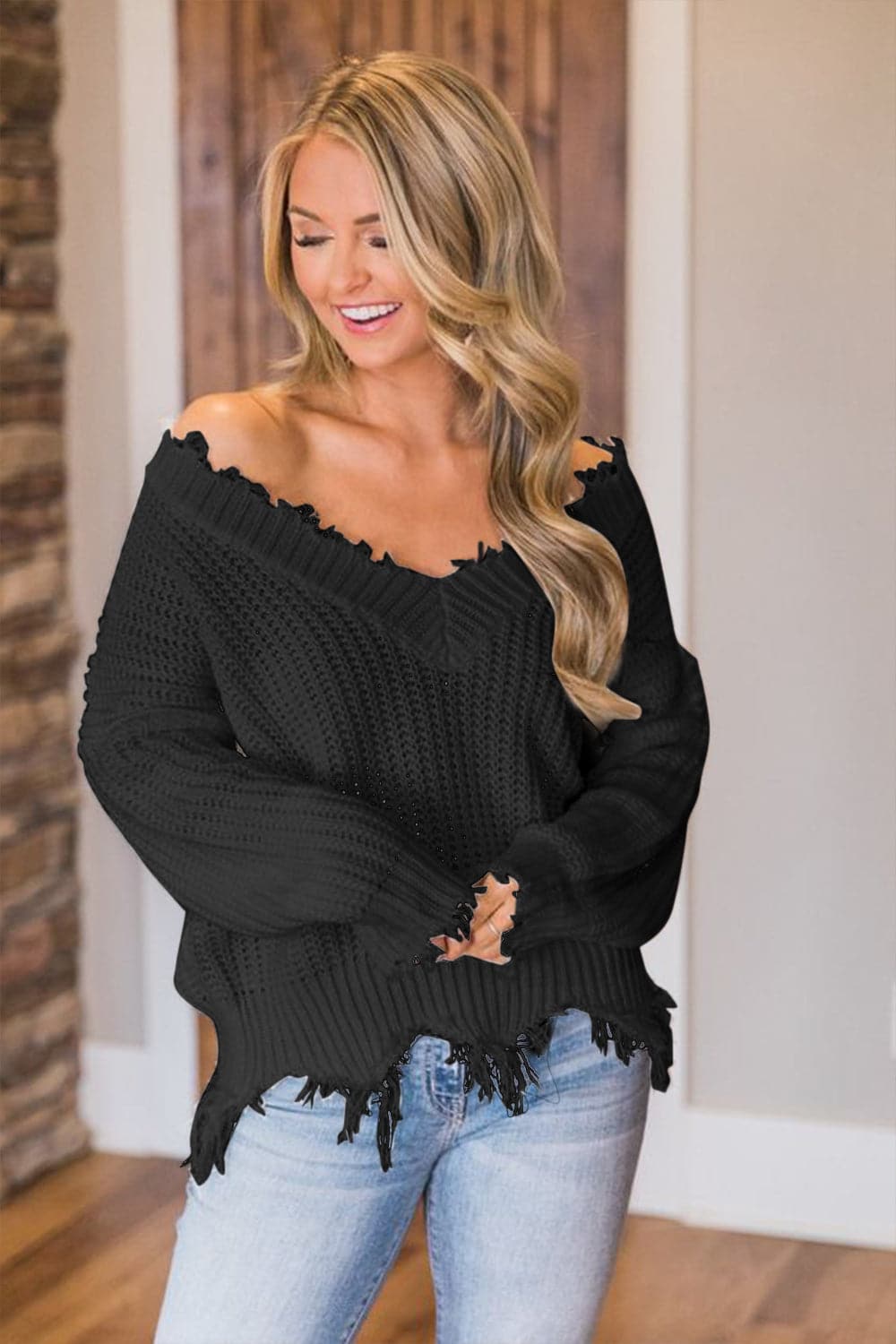 Frayed Hem Dropped Shoulder Sweater.