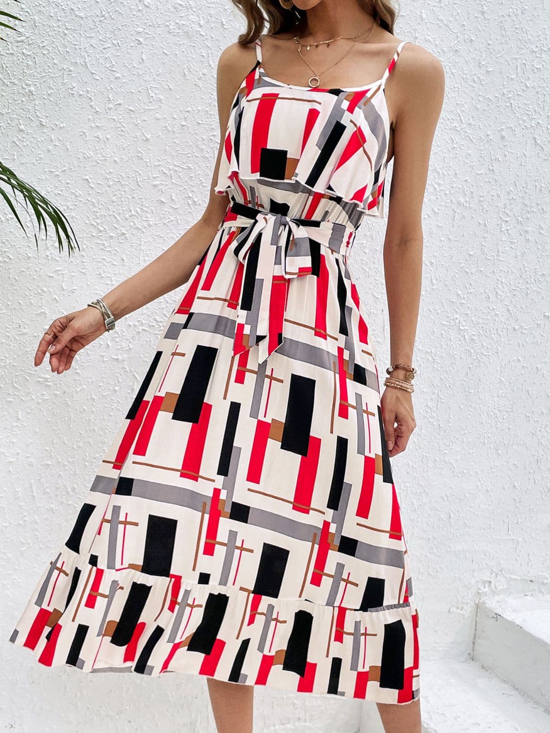 Ruffled Printed Tie Waist Midi Dress.