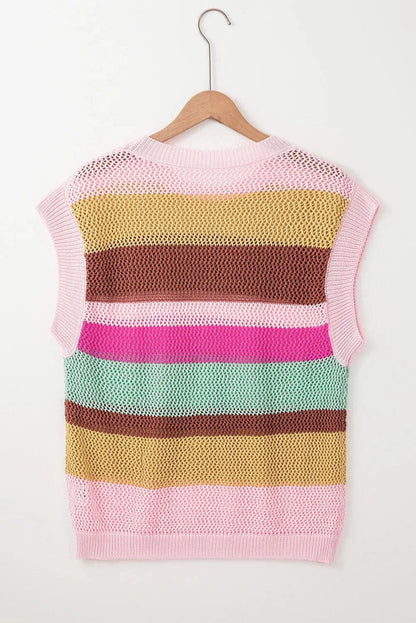 Color Block Round Neck Cap Sleeve Knit Top.