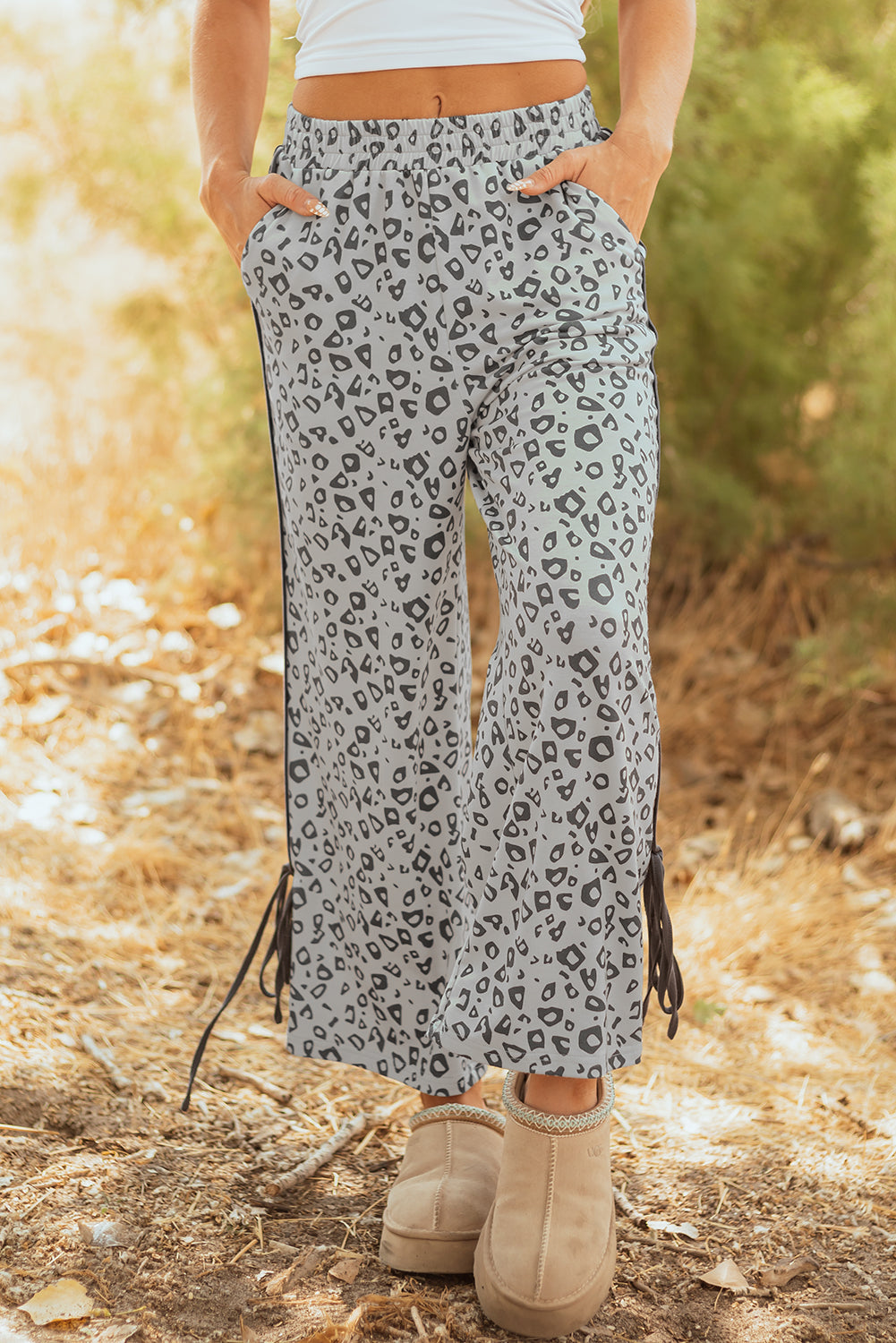 Gray Leopard High Waist Side Bow Straight Leg Love Salve