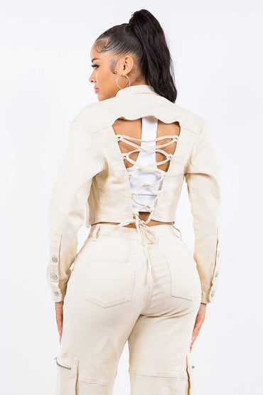 Cropped lace-up jacket with button front