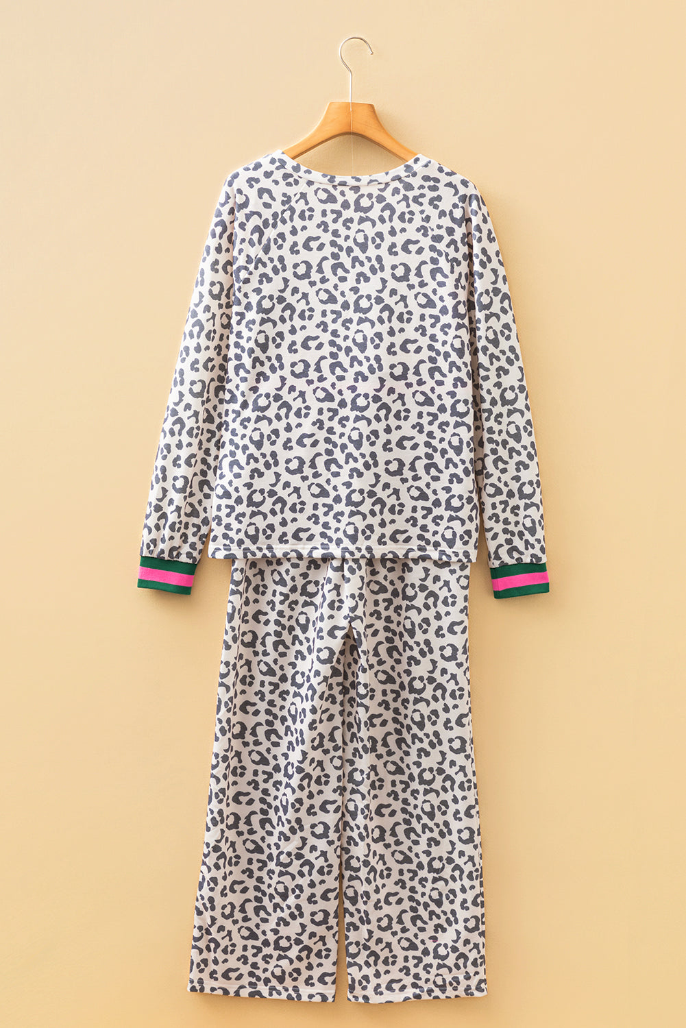 Gray Leopard Print V Neck Long Sleeve Top Patchwork Drawstring Pant Set Dear-Lover Dropshipping