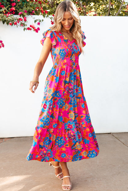 Flirty rose red floral tiered dress with ruffled sleeves