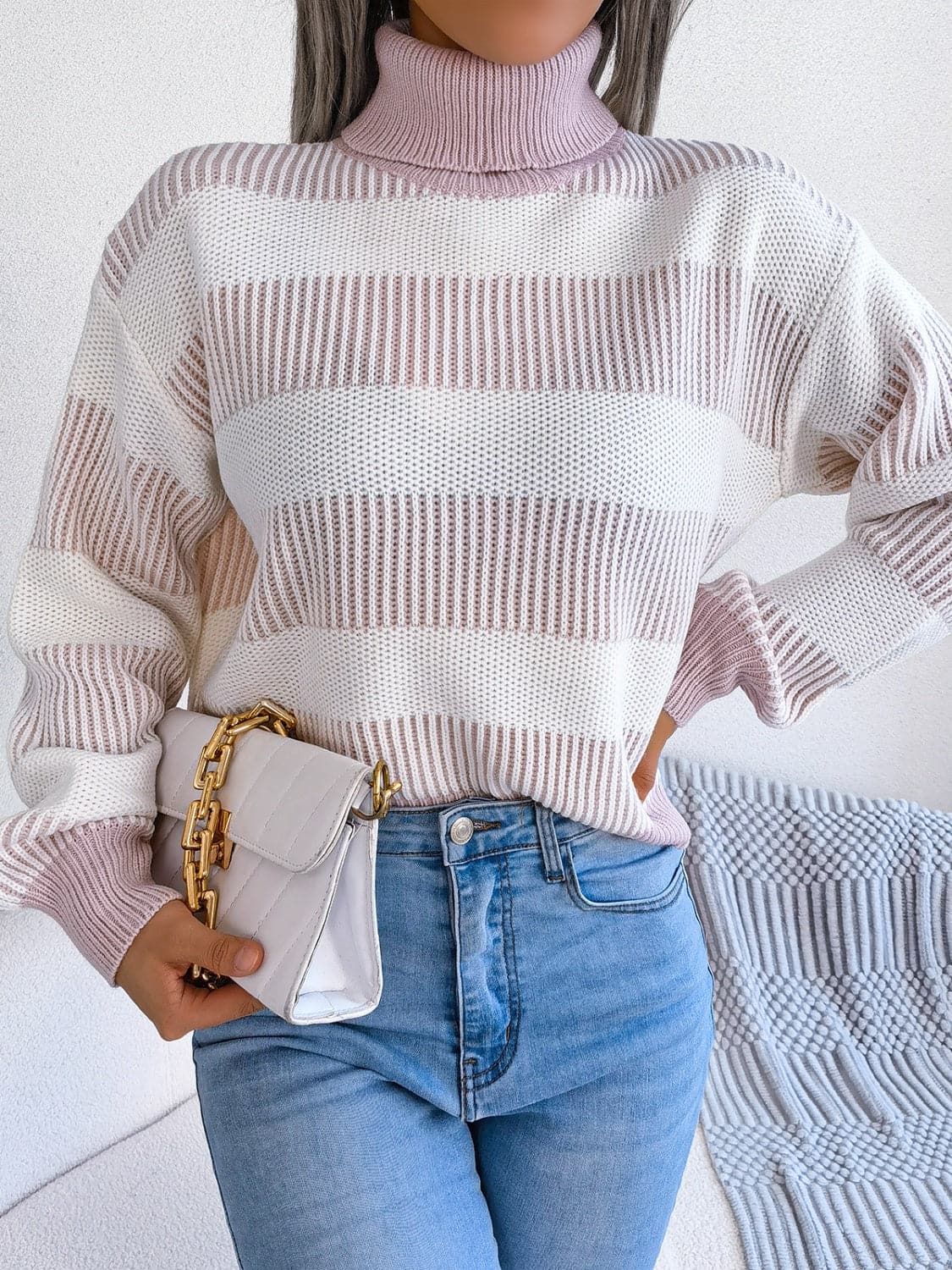 Striped Turtleneck Long Sleeve Sweater.