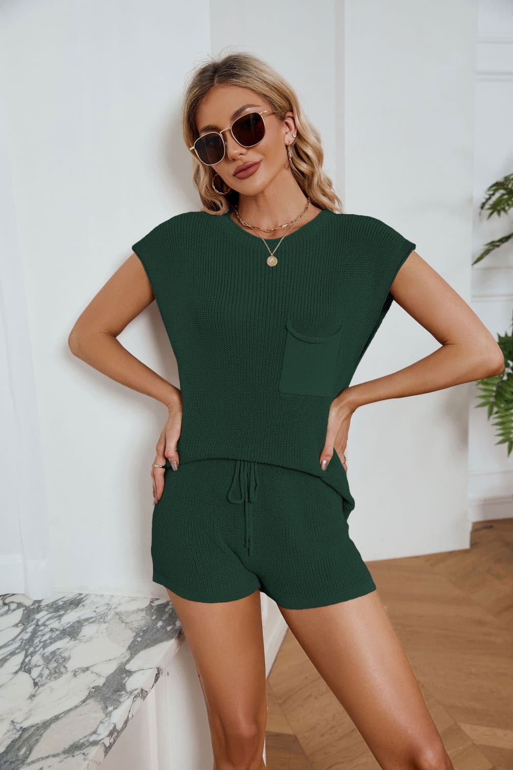 Round Neck Knit Top and Drawstring Shorts Set.