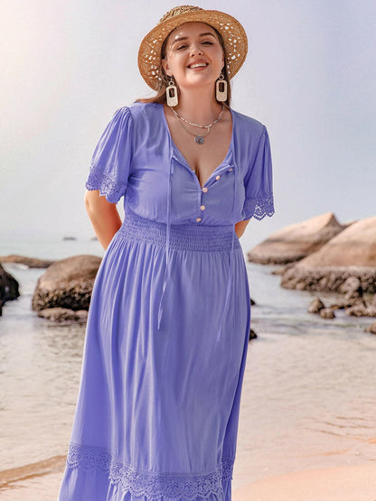 Plus Size Lace Detail Tie Neck Short Sleeve Maxi DressPlus Size Lace Detail Tie Neck Short Sleeve Maxi Dress
 Indulge in elegance with our Plus Size Lace Detail Tie Neck Short Sleeve Maxi Dress. Perfect for any special Love Salve Size Lace Detail Tie Neck Short Sleeve Maxi DressMaxi Dresses