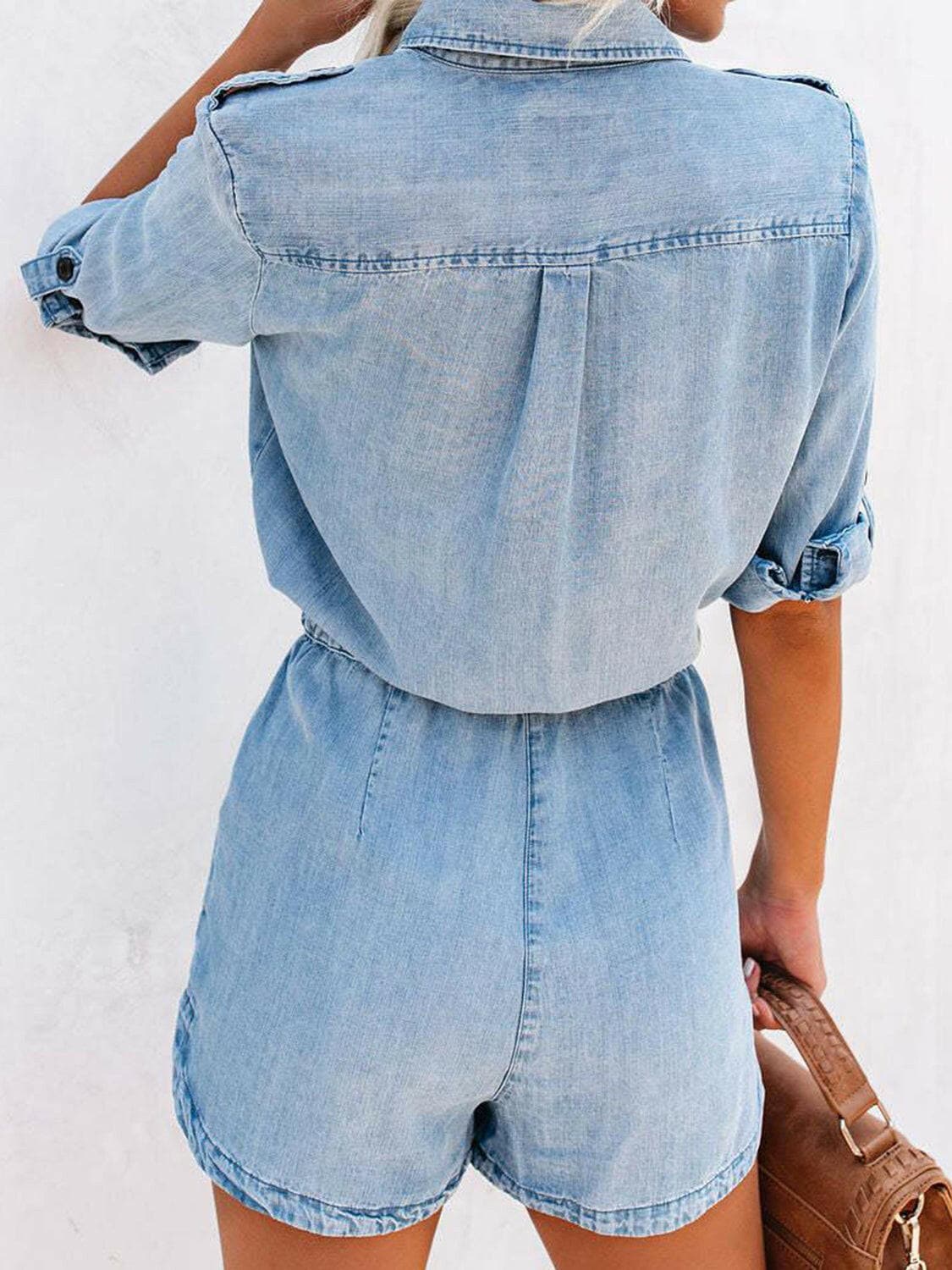 Drawstring Half Button Half Sleeve Denim Romper.