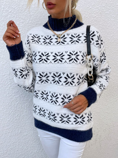 Snowflake Pattern Mock Neck Sweater.