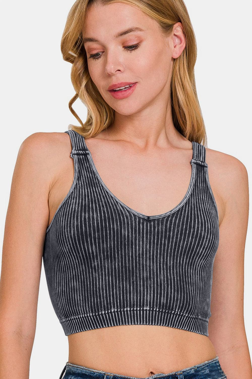 Zenana Washed Ribbed Cropped V-Neck Tank.