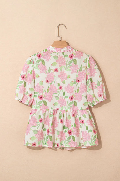 Printed Tie Neck Short Sleeve Blouse
