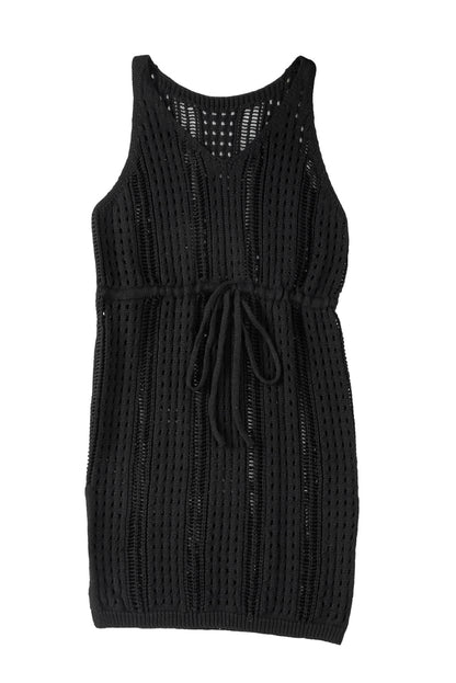 Elegant black crochet sleeveless beach dress with adjustable drawstring