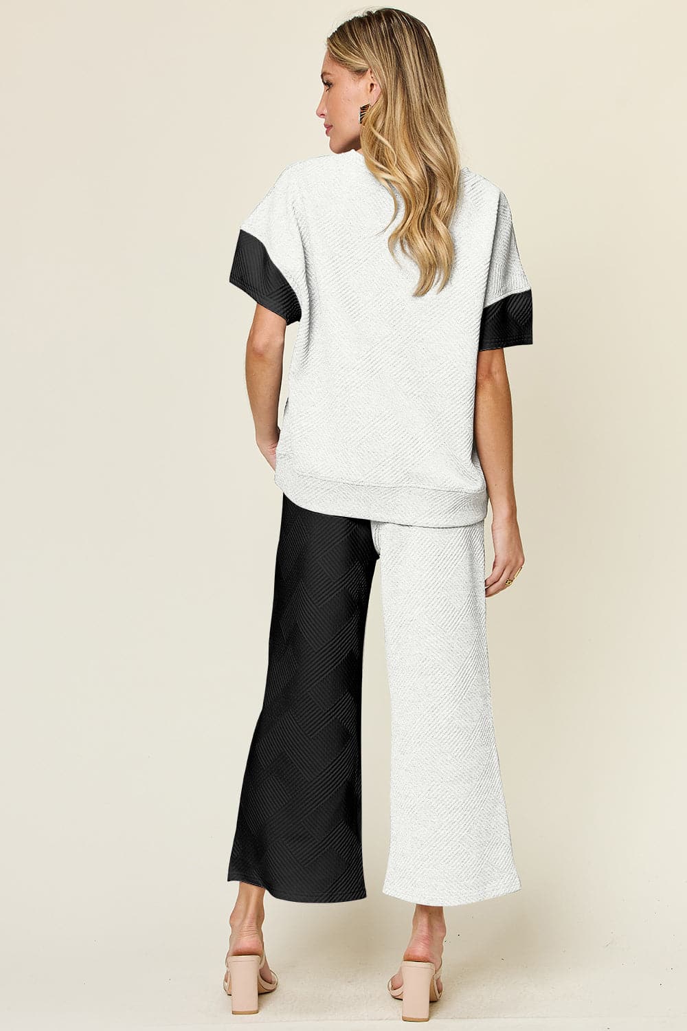 Double Take Full Size Texture Contrast T-Shirt and Wide Leg Pants Set.