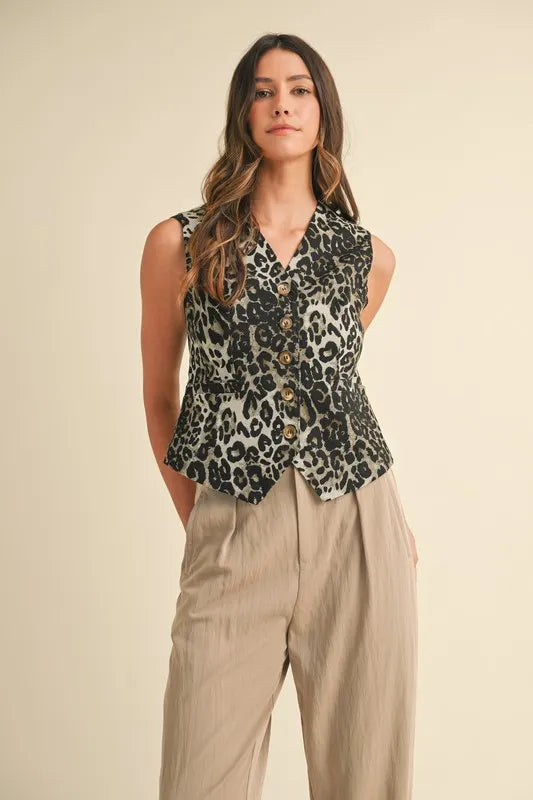 Annie Wear Stretch Leopard Denim Button Down Vest for Women - Love Salve 