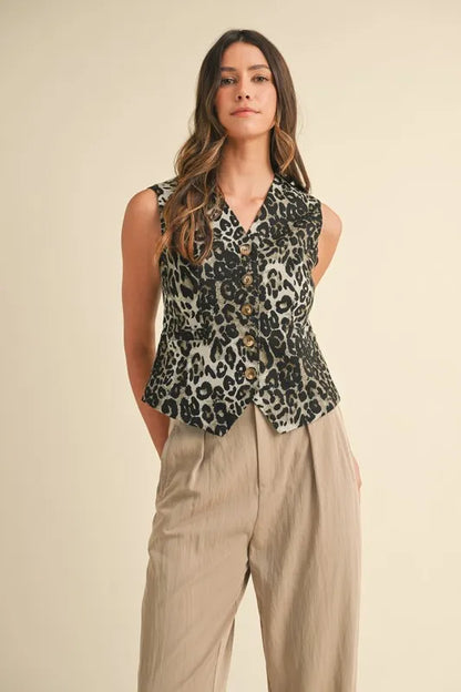 Annie Wear Stretch Leopard Denim Button Down Vest for Women - Love Salve 