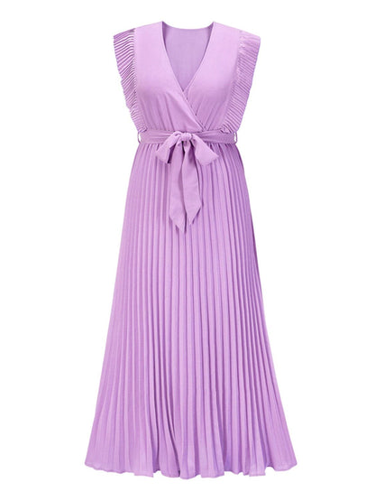 Tied Surplice Cap Sleeve Pleated Dress.