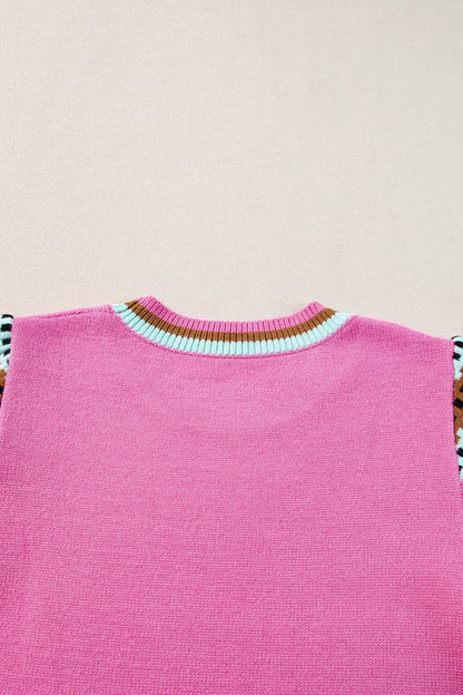 Contrast Round Neck Short Sleeve Knit Top.